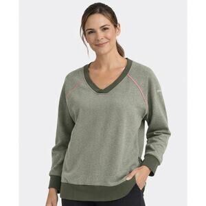 Columbia Green V-neck Sweatshirt High Low Hem EUC M Hiking Trails Lake Outside